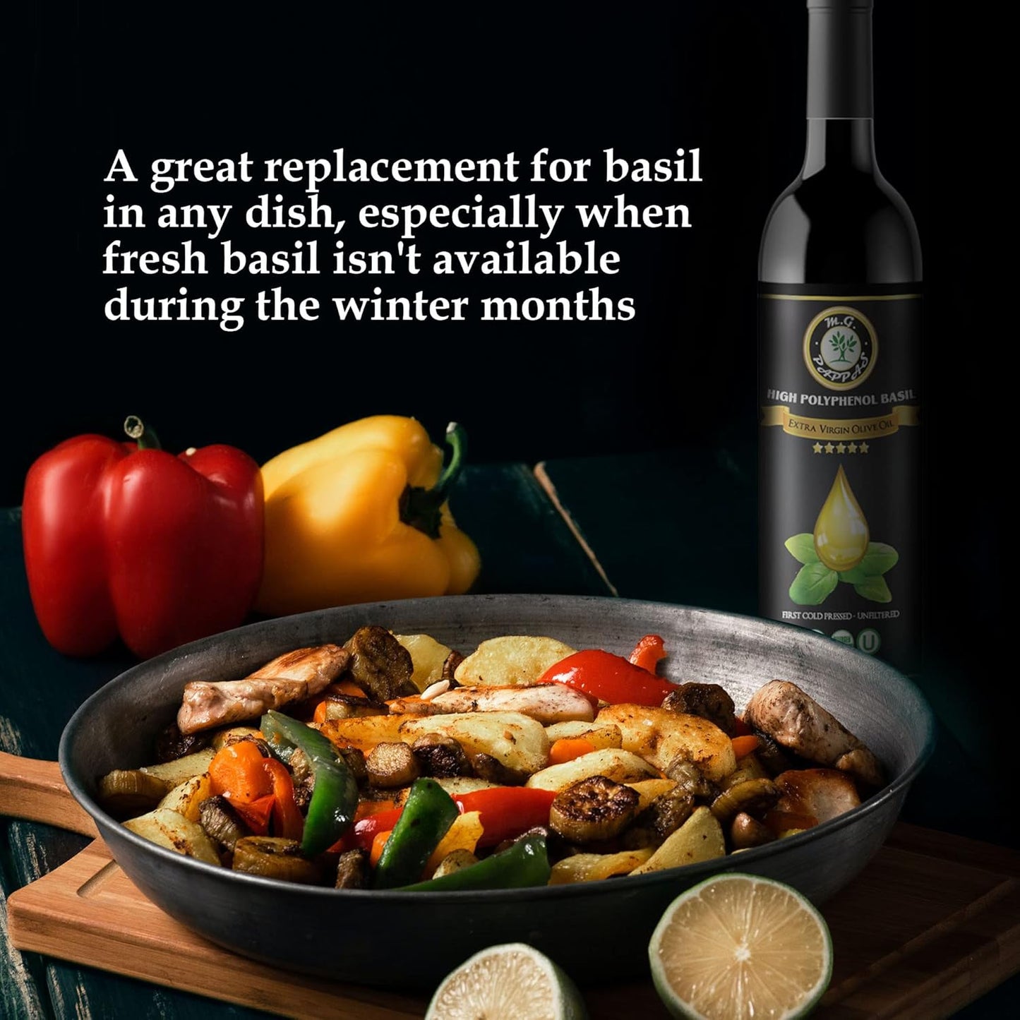 M.G. PAPPAS High Polyphenol Rich Basil Infused Olive Oil - Extra Virgin Olive Oil Polyphenol Lab Report 650mg/kg - Cold Pressed & Unfiltered - High Hydroxytyrosol Greek Olive Oil - Award Winning