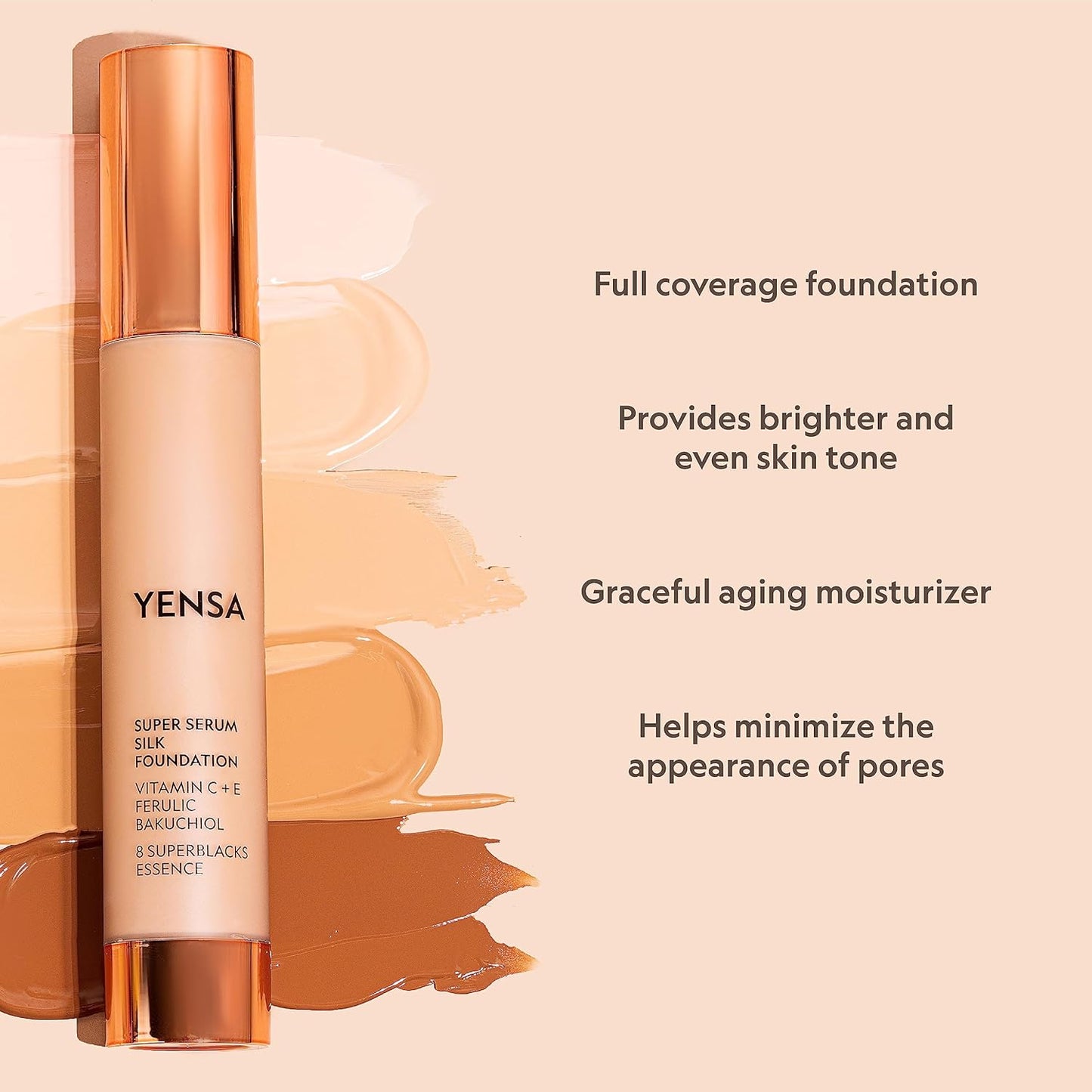 YENSA Serum Foundation Makeup - Super Silk Full Coverage Foundation Enriched with Peptides, Vitamin C & Ferulic Acid to Help Reduce Fine Lines, Wrinkles & Dark Circles - Tan 3 (1 oz)