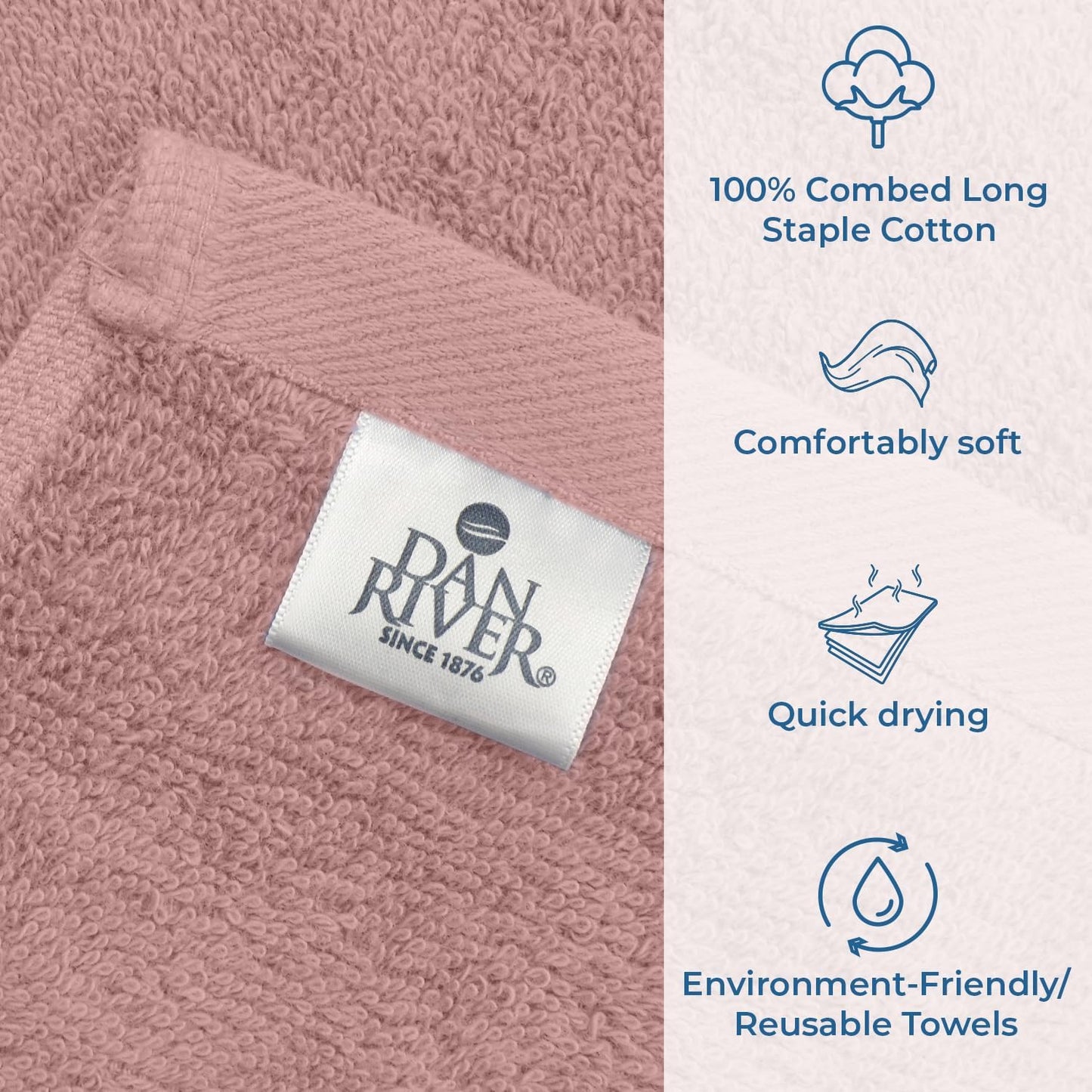 DAN RIVER Bath Towels Set of 4, 27 x 54 Inches, 100% Cotton, Larger & Lighter Weight, Quicker to Dry, Super Soft and Absorbent, Ideal Cotton Towels for Daily Use, Dusty Rose