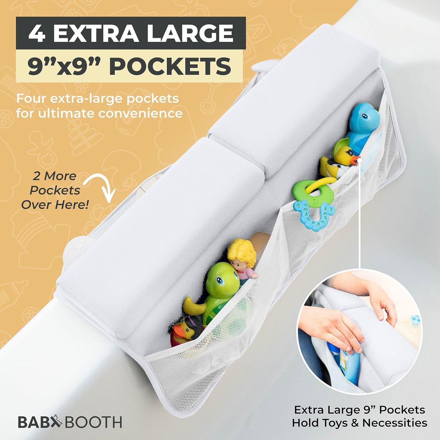 Bath Kneeler and Elbow Rest Pad, Extra Thick Baby Bath Kneeling Pad and Elbow Pad for Bathtub. Bath Tub Elbow Pad with Infant Toy and Baby Accessories Organizer, Off White Color