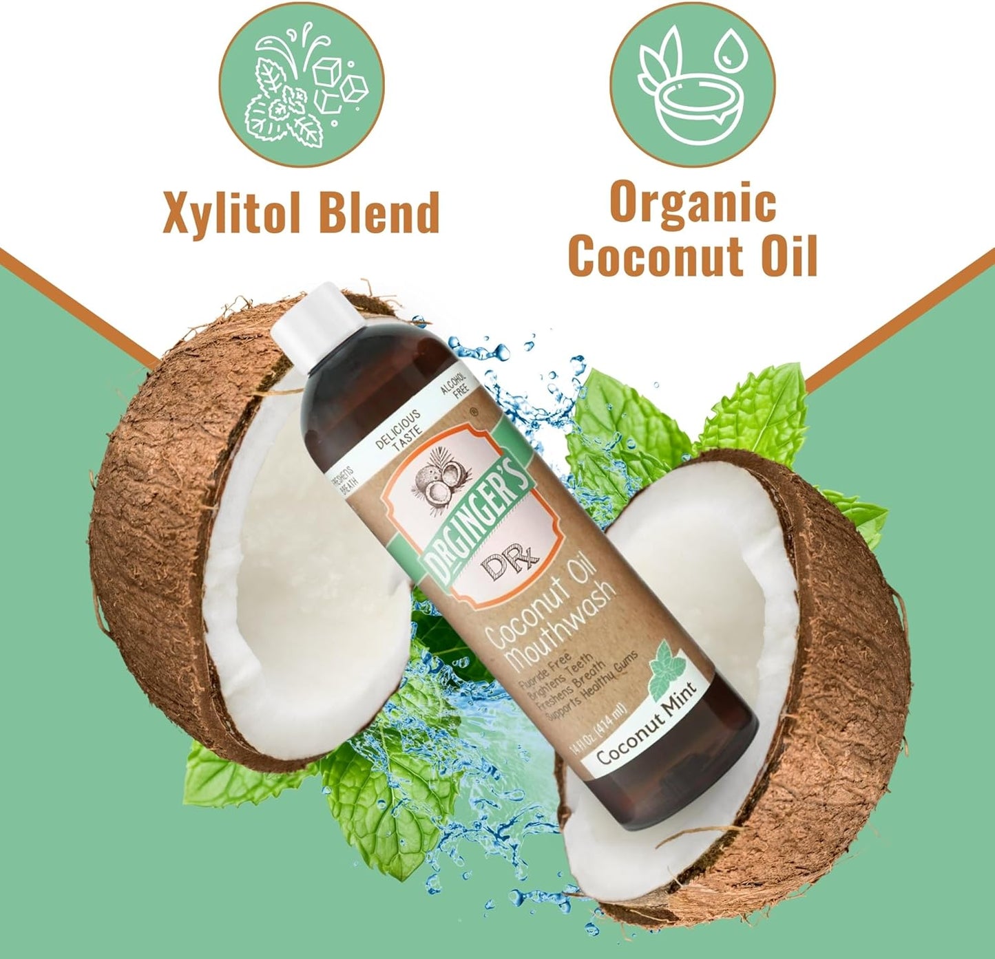 Dr. Ginger’s Coconut Oil Pulling Alcohol Free Mouthwash - Mint Flavor, 14 fl oz, 2pcs - Support Gum Health, Tongue, and Teeth Whitening for Adults, Fluoride Free, All-Natural, with Xylitol
