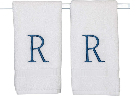 Monogrammed Hand Towels for Bathroom - Luxury Hotel Quality Personalized Initial Decorative Embroidered Bath Towel for Powder Room, Spa - GOTS Organic Certified - Set of 2 Navy Letter R