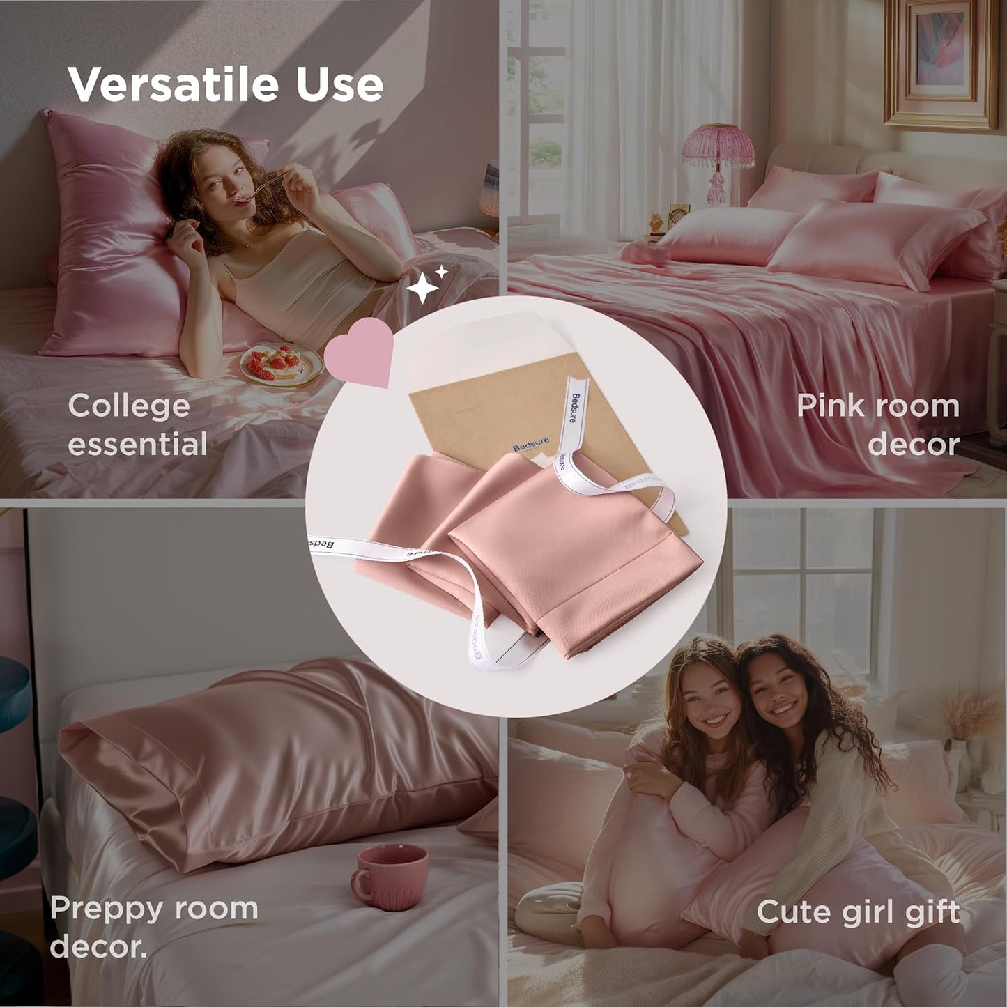 Bedsure Satin Pillowcase 2 Pack Similar to Silk Pillow Cases Standard Size, Pillow Case for Sleeping Women with Envelope Closure, Gifts for Women Men, Rose Cloud, 20x26 Inches, 2pcs