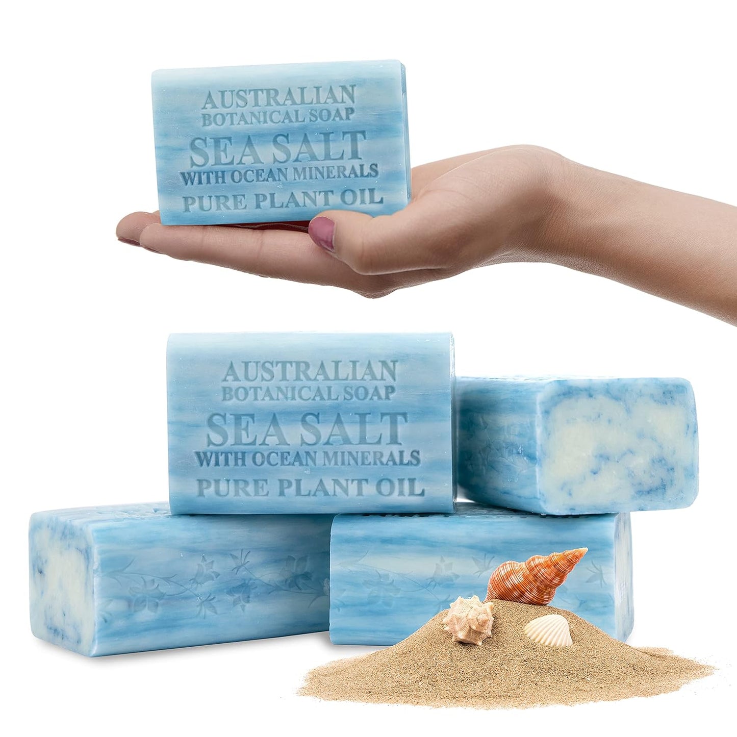 Australian Botanical Soap Sea Salt with Ocean Minerals 6.6 oz Luxury Soap Bars Enriched with Shea Butter, Pack of 4 - Packaging May Vary