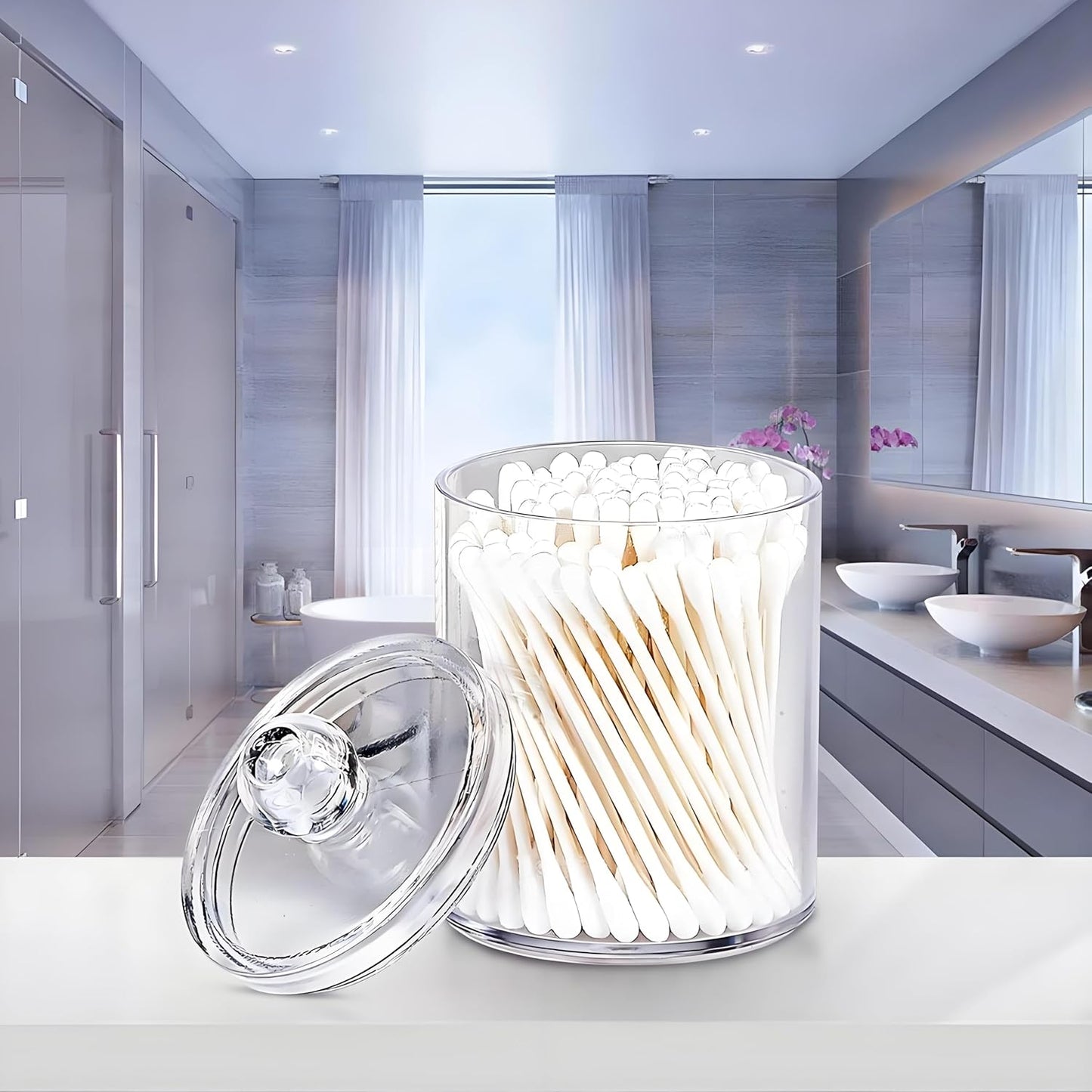 AXX Qtip Dispenser Apothecary Jars Bathroom - Qtip Holder Storage Canister Clear Plastic Jar for Cotton Swab,Q-Tips,Cotton Rounds (D#Clear 3Pcs)