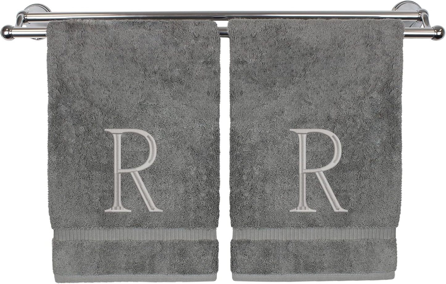Monogrammed Hand Towel, Personalized Initial Gift, Extra Absorbent 100% Turkish Cotton - Soft Terry Finish - Set of 2 - Silver Block Initial R - Embroidered on Grey Towels