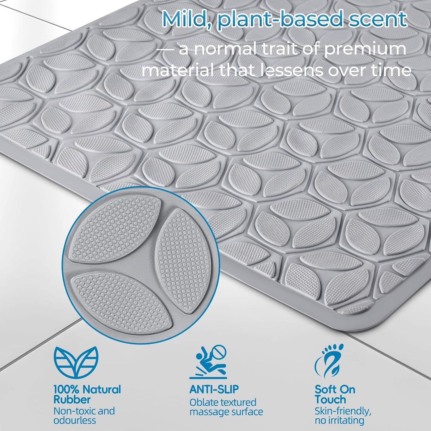 WRISIN Bathtub Mat Non Slip with Suction Cups - 100% Rubber Bathroom Mat Textured for Bath Tub Shower Safety - Soft on Touch - BPA/PVC Free - Pet Dog Bath Mat - Machine Washable - 16 × 28 Inch（Gray）