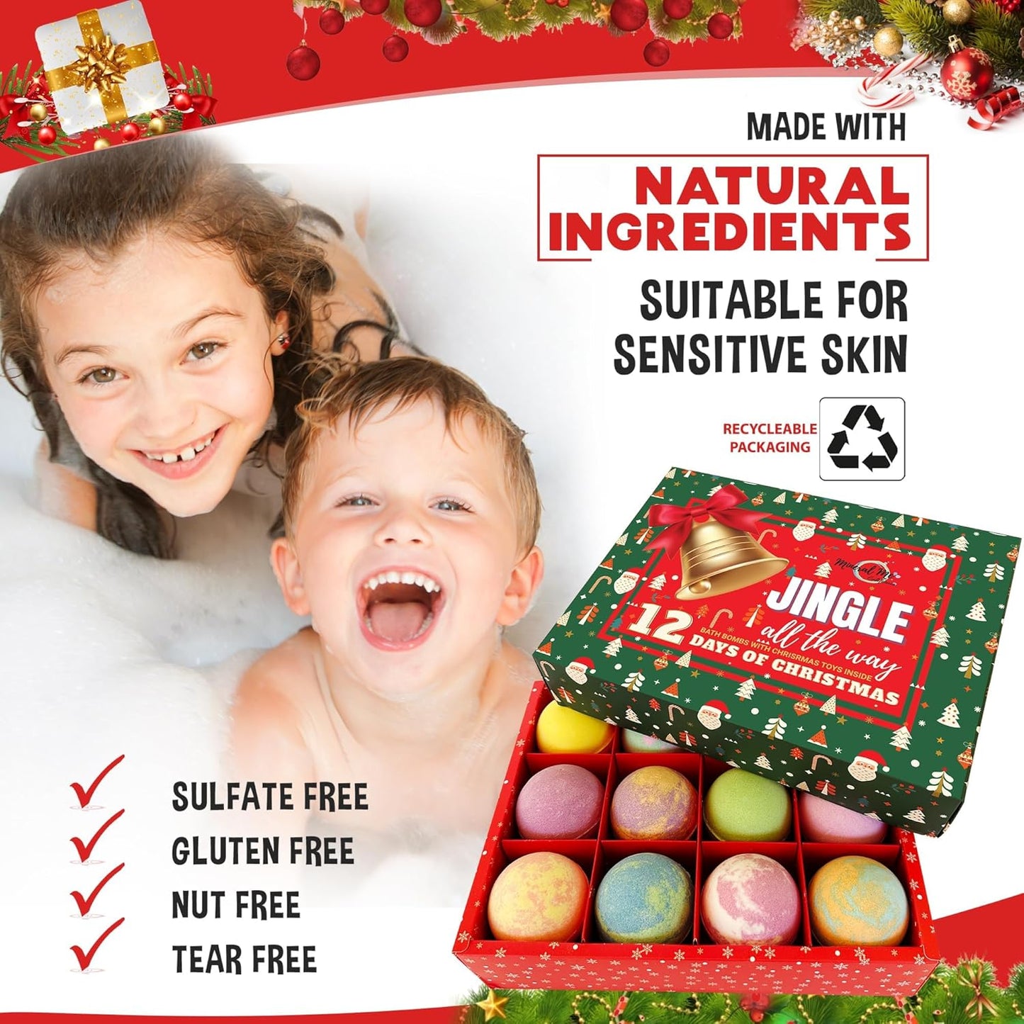 Christmas Bath Bombs for Kids with Surprise Toys Inside - Kids Advent Calendar Bathbombs - 12 Pack Organic Bath Bombs Gift Set, Moisturizing Bubble Bath Fizzies, Gifts for Boys, Girls, Toddler