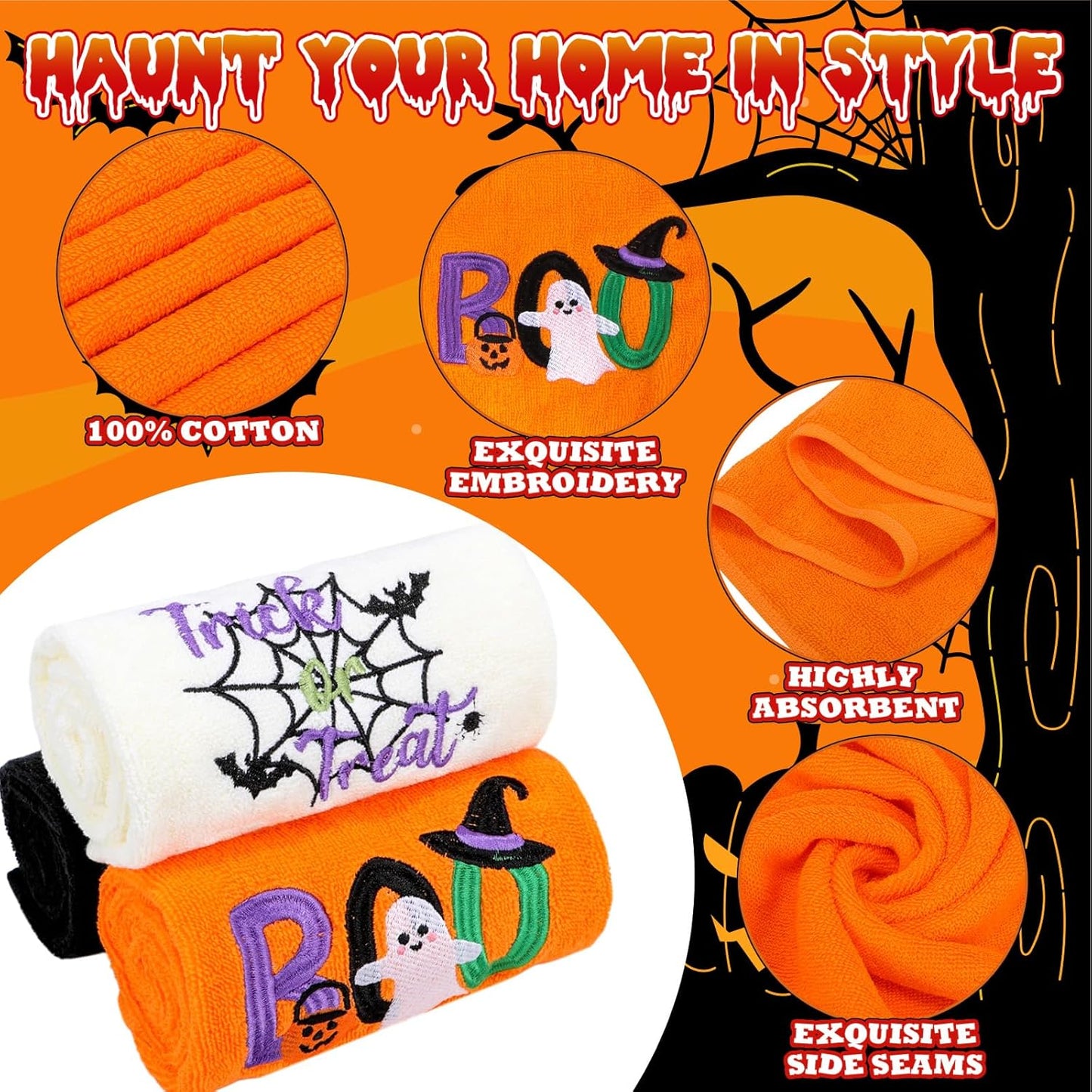 Halloween Hand Towels 3 Pack, Cotton Orange Black Beige Ghost Embroidered Decorative Towels for Bathroom & Kitchen Holiday Décor, 13.7 in × 29.5 in