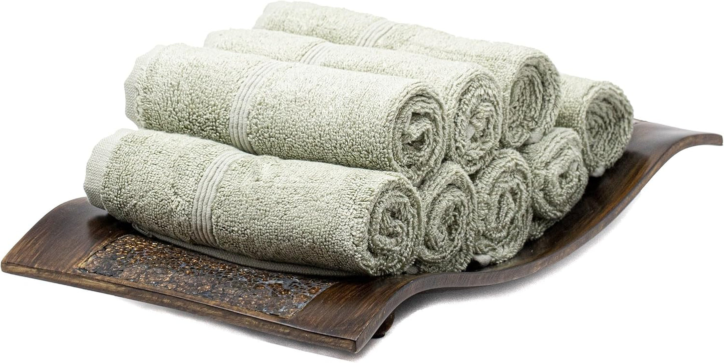 Mosobam Luxury Turkish Towels Set of 8 Washcloths 13X13 Seagrass Green 700 GSM Bamboo Viscose & Aegean Turkish Combed Cotton
