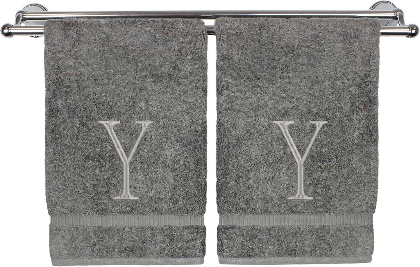 Monogrammed Hand Towel, Personalized Initial Gift, Extra Absorbent 100% Turkish Cotton - Soft Terry Finish - Set of 2 - Silver Block Initial Y - Embroidered on Grey Towels