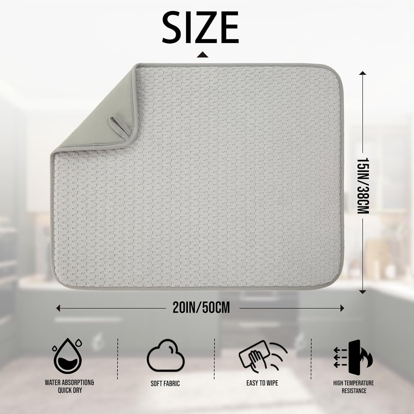 2 Pack Microfiber Dish Drying Mat for Kitchen Counter,Ultra Absorbent Dish Drainer Mat ,Dish Drying Pad , Dish Rack Mat 20×15 Inch (Silver Gray)