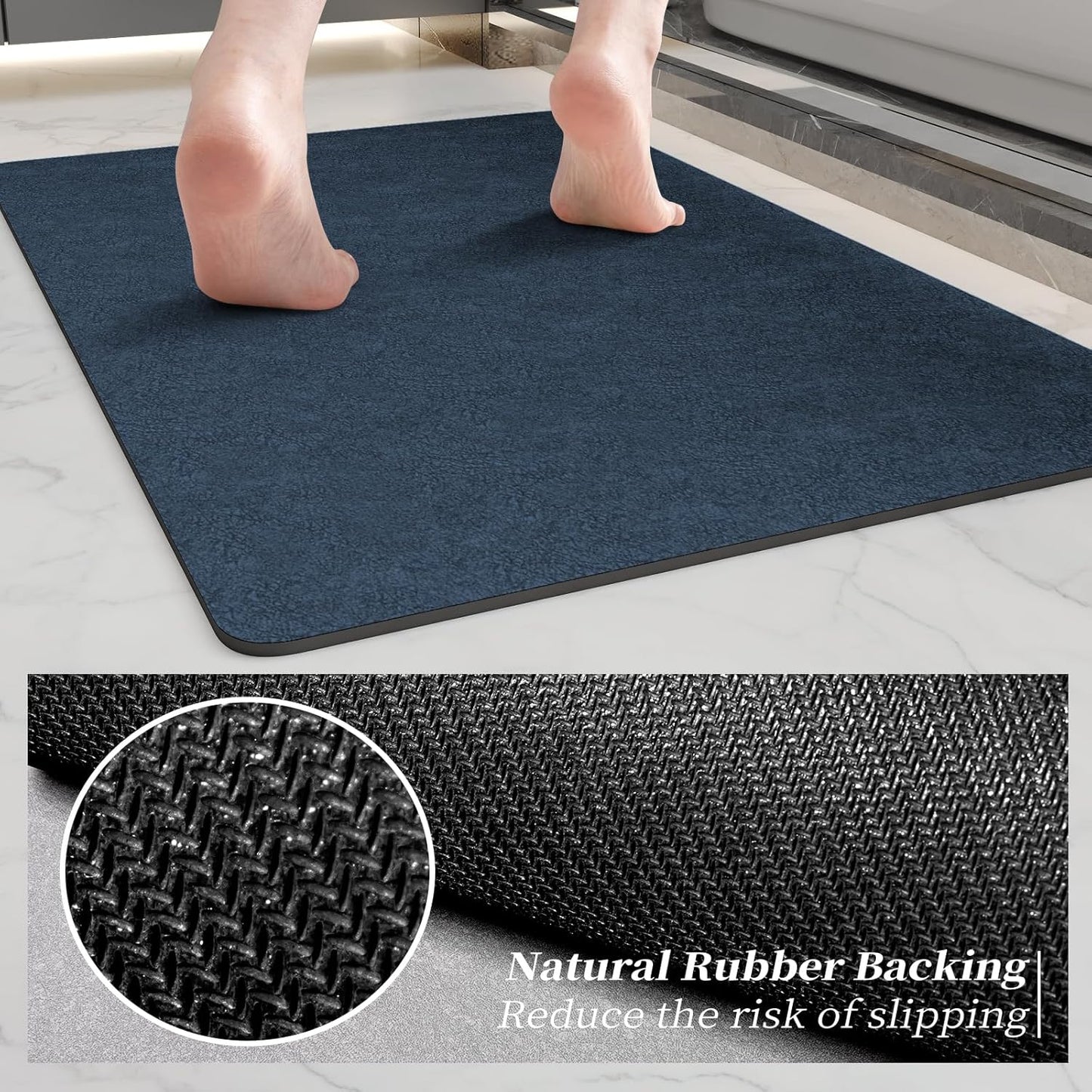 Bath Mat Rugs 32x17 - Diatomaceous Earth Bath Mat Quick Dry Absorbing Bathroom Rugs Rubber Non Slip Thin Bathroom Mat Fit Under Door, Bath Mat for Bathroom Floor, Tub and Shower, Sink, Navy Blue