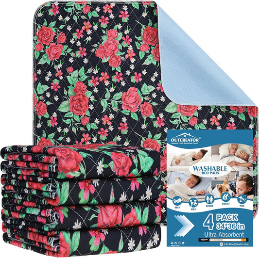 OUTCREATOR® Washable Bed Pads 34" x 36" (Pack of 4), Incontinence Mattress Protector, Anti-Slip Waterproof Underpads for Adults Kids Elderly Pets, Absorbency & Reusable Bedwetting Pads (Red Flower)