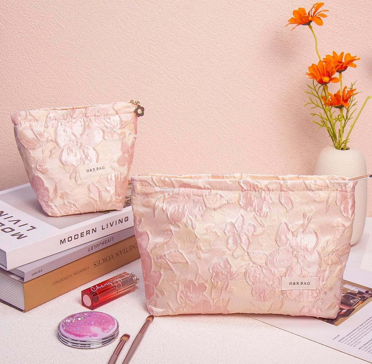 2 Pcs Makeup Bags, Large Cosmetic Bag Travel Toiletry Bag Organizer for Women, Embroidery Craft, Floral Makeup Bag Small Cosmetic Pouch Purse with Zipper Gifts for Girls Teen