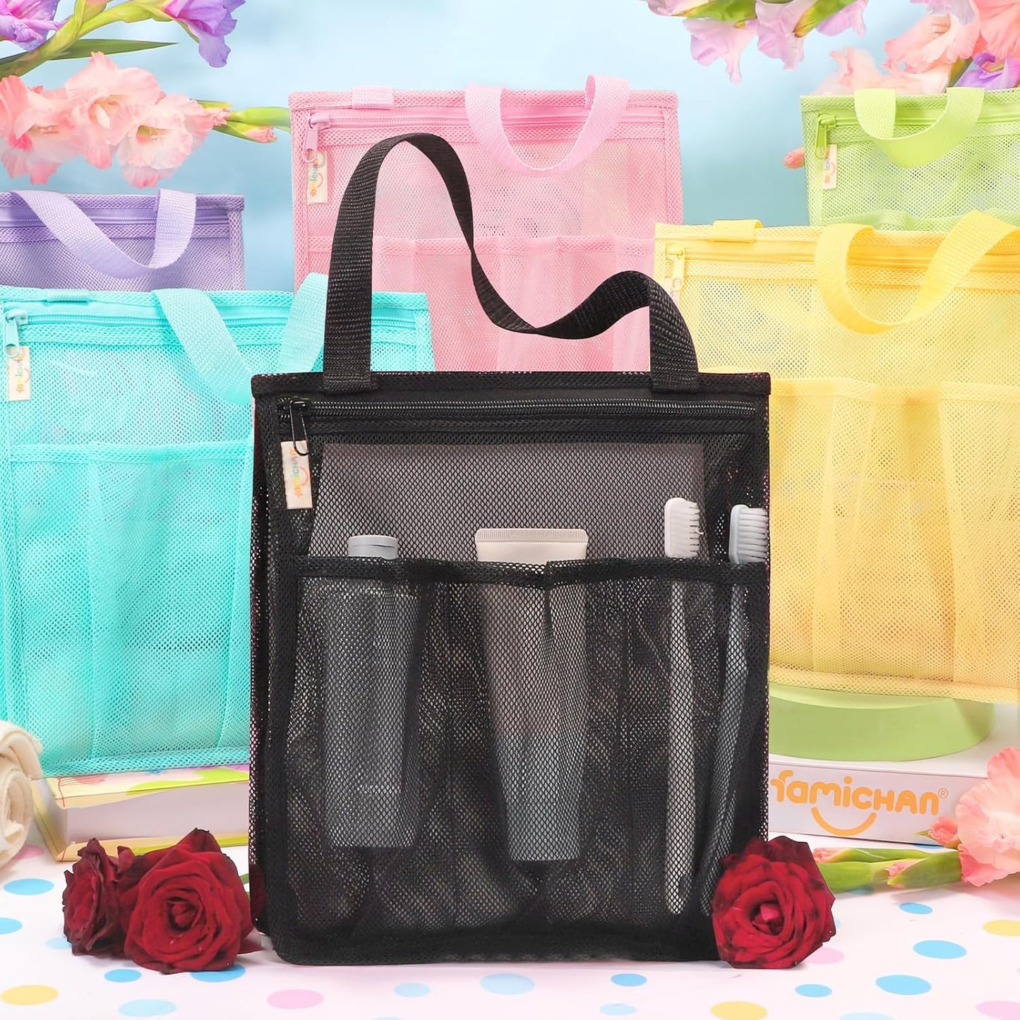 Portable Mesh Shower Caddy, Gym Travel Camp Dorm Room Essentials for College Student Boy Girl, Bathroom Shower Bag - Black