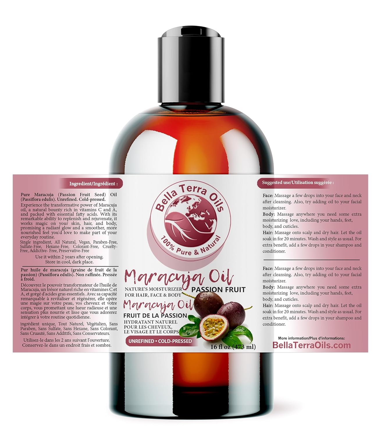 Bella Terra Oils - Maracuja Seed Oil 16oz - Cold-Pressed Purity from Passion Fruit Seeds, Infused with Essential Minerals & Fatty Acids, A Beacon for Skin Care Enthusiasts