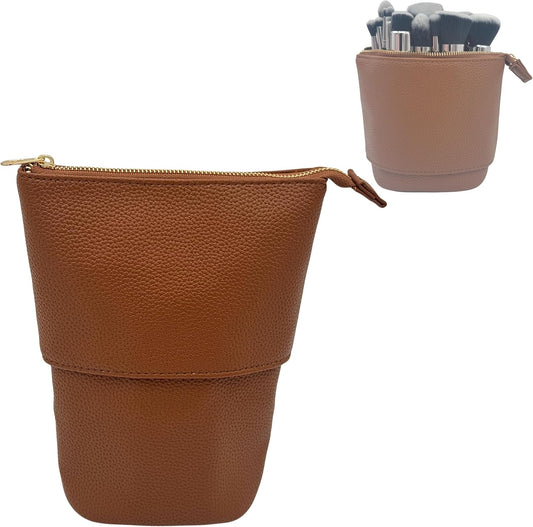 JAZD Travel Makeup Brush Bag Standup Brush Holder Portable Convertible Make up Brush Pouch Cosmetic Case (BROWN)