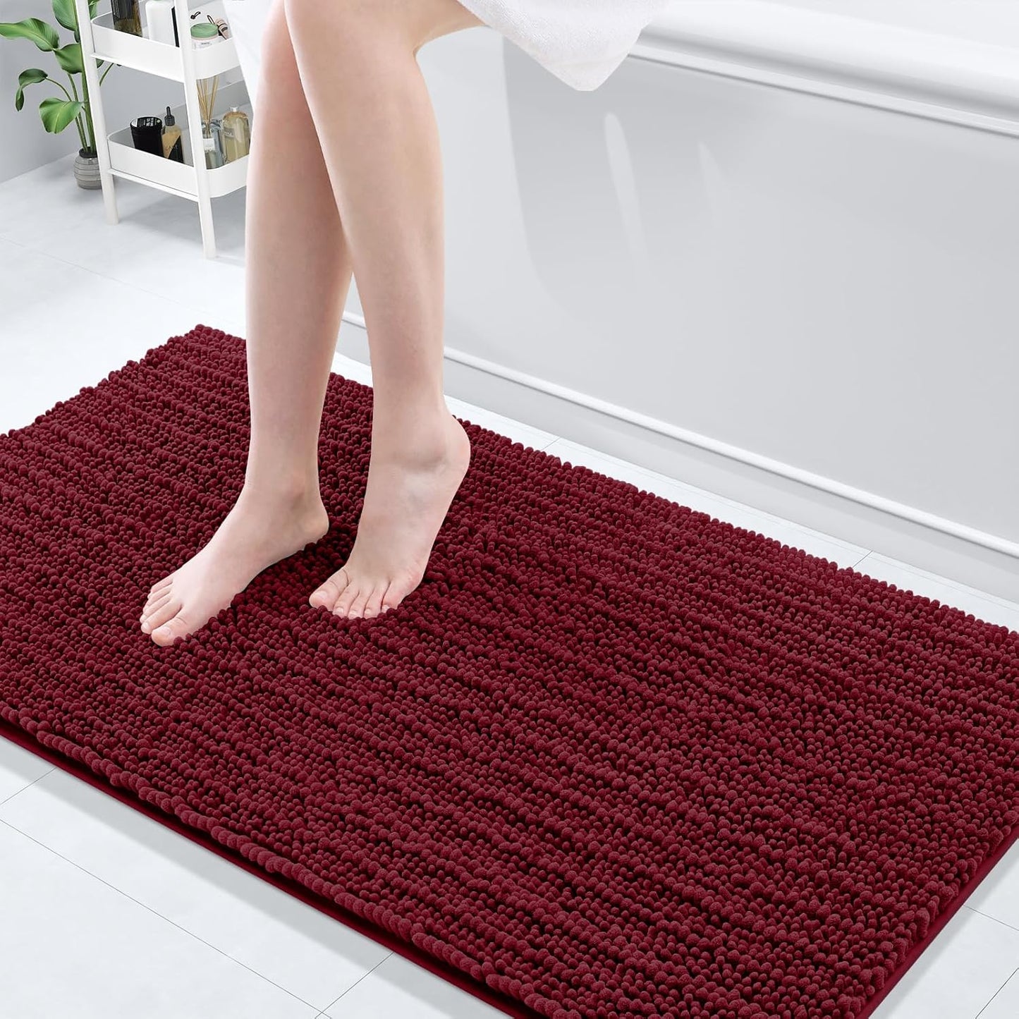 Arotive Luxury Chenille Bathroom Rug Mat, Extra Soft Thick Absorbent Shaggy Bath Rugs, Non-Slip Machine Wash Dry, Plush Bath Mats for Bathroom, Shower and Tub, 60x24, Burgundy