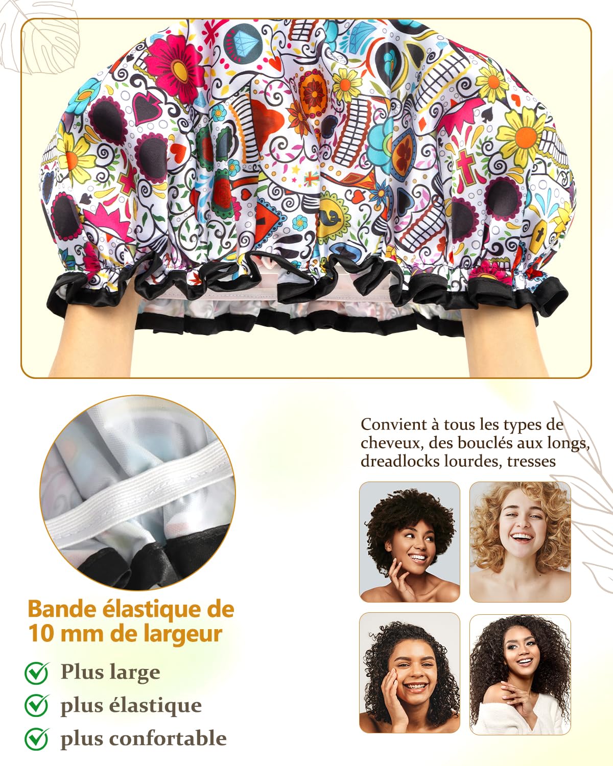 mikimini Shower Cap for Women Reusable Waterproof, Extra Large Hair Cap for Shower with Double Layers, Stylish Vibrant Designed Shower Bonnet for Long Thick Hair, 2 Pieces