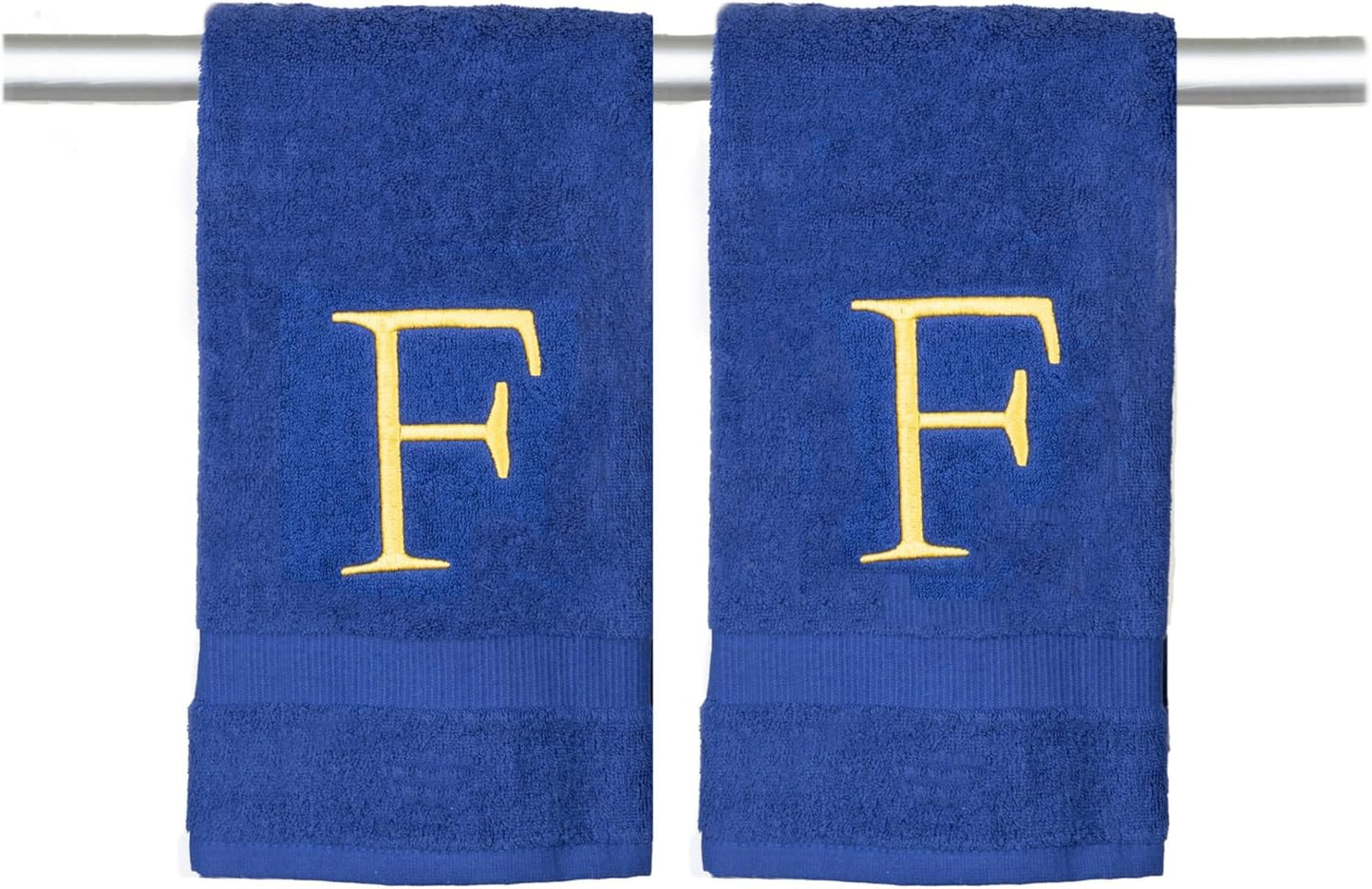 Navy Monogrammed Hand Towel for Bathroom - Initial Hotel Quality Decorative Embroidered Luxury Towel for Powder Room, Spa - GOTS Organic Certified - Pack of 2, Letter F