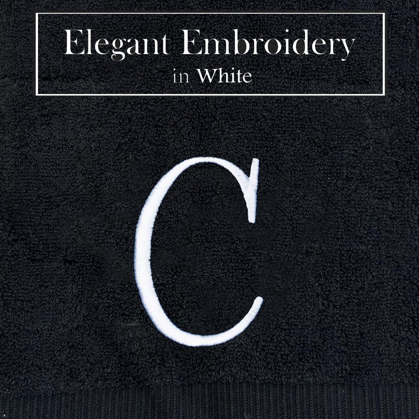 Black Initial Hand Towel for Bathroom - Monogrammed Luxury Hotel Quality Decorative Embroidered Towel for Powder Room, Spa - GOTS Organic Certified - Pack of 2 - Letter C