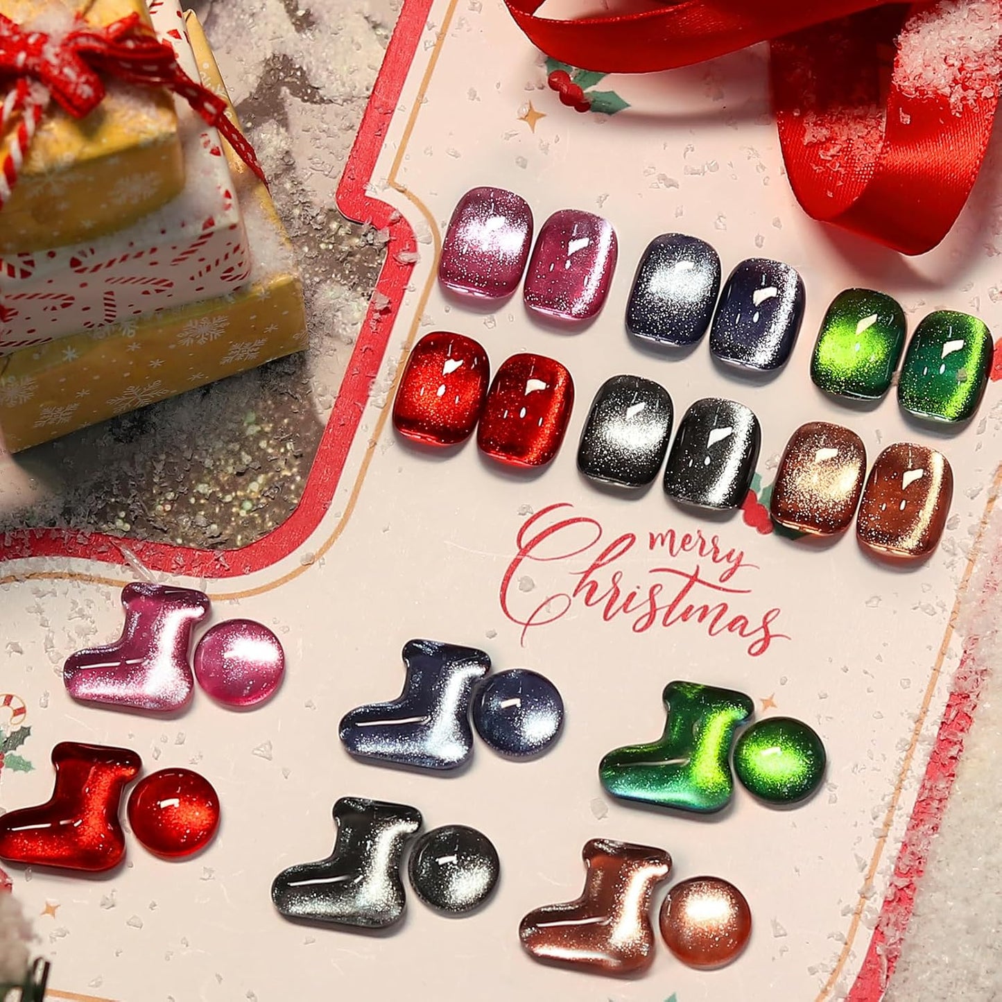 Born Pretty 6 Colors Christmas Cat Magnetic Eye Gel Nail Polish Set,Fall Winter Red Green Brown Black Blue Shimmer Glitter Holographic Magnetic Soak Off U V Nail Gel DIY Art for Girls Women 7ML