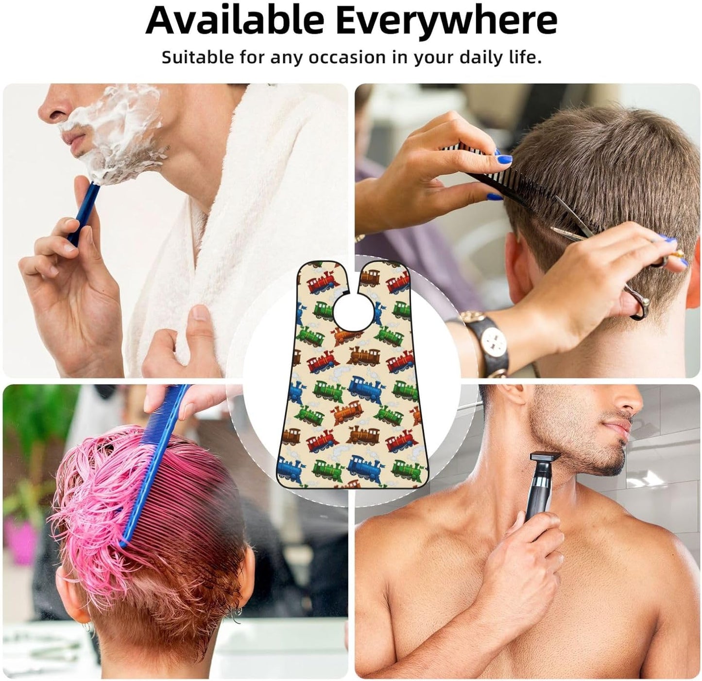 Beard Bib Apron for Men Shaving, Waterproof Non-Stick Hair Catcher with Suction Cups, Grooming Essential for Dad Husband, Cartoon Style Retro Steam Trains Shave Bib