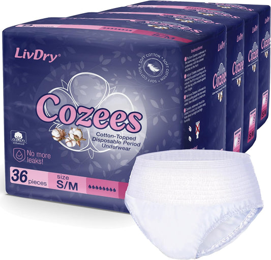 Cozees Disposable Period Underwear for Women, Menstrual and Postpartum High Absorbency, Cotton Covered Comfort, Made in USA (36 Count, Small/Medium)