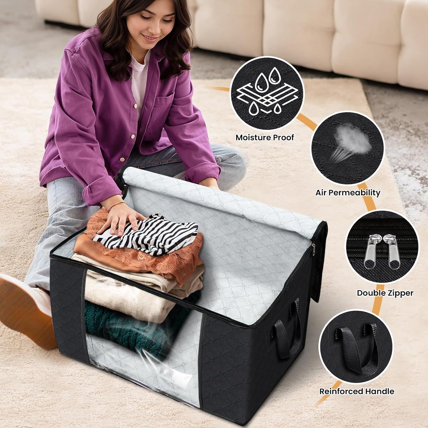 Fab totes 24 Gallons Clothes Storage, Foldable Thick Fabric Blanket Storage Bags, Containers for Organizing Bedroom, Closet, Clothing, Comforter, Organization with Handle (8 Pack,Black)