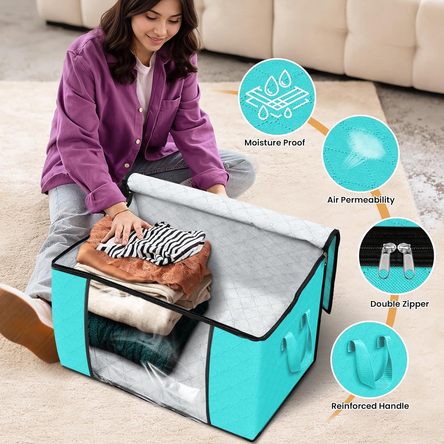 Fab totes 24 Gallons Clothes Storage, Foldable Thick Fabric Blanket Storage Bags, Containers for Organizing Bedroom, Closet, Clothing, Comforter, Organization with Handle (4 Pack,Green)