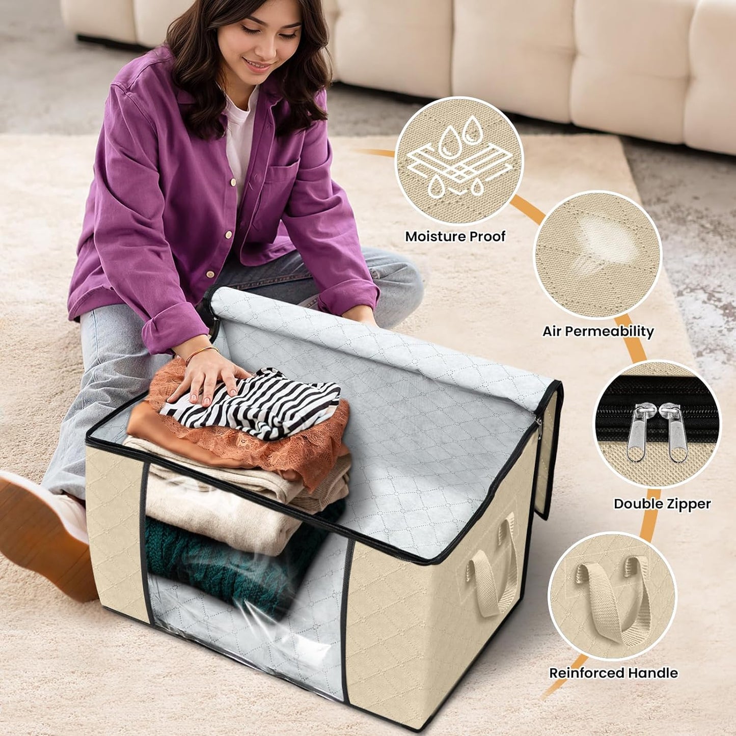 Fab totes 24 Gallons Clothes Storage, Foldable Thick Fabric Blanket Storage Bags, Containers for Organizing Bedroom, Closet, Clothing, Comforter, Organization with Handle (8 Pack,Beige)