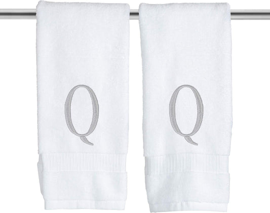 Monogrammed Hand Towels for Bathroom - Luxury Hotel Quality Personalized Initial Decorative Embroidered Bath Towel for Powder Room, Spa - GOTS Organic Certified - Set of 2 Letter Q