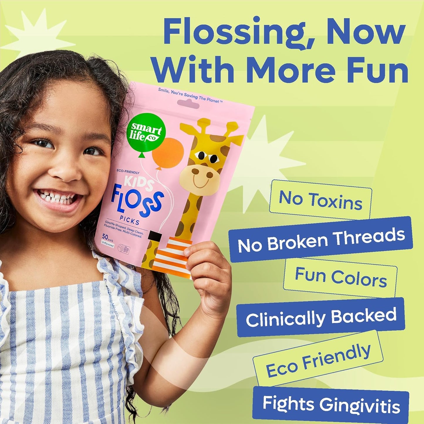SmartLifeco Eco-Friendly Kids Flossers (100ct) - The Original Straw Wheat Dental Floss Picks for Children, Fluoride & PFA Free, Toothpick Flossing Sticks for Toddlers Teeth, No Shred Thread, Mint