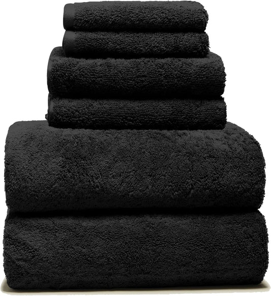 Italic Ultraplush 100% Australian Cotton Towels Standard 6 Piece Set, 2 Bath, 2 Hand, 2 Washcloths, 800GSM Lightweight, Highly Absorbent Quick Dry Soft Resort Grade Towels (Black)