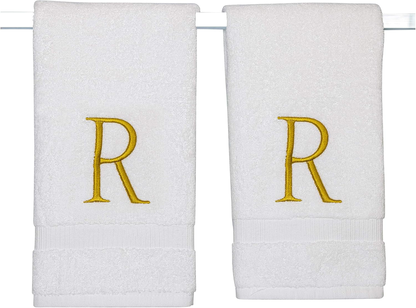 Monogrammed Hand Towels for Bathroom - Luxury Hotel Quality Personalized Initial Decorative Embroidered Bath Towel for Powder Room, Spa - GOTS Organic Certified - Set of 2 Gold Letter R