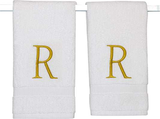 Monogrammed Hand Towels for Bathroom - Luxury Hotel Quality Personalized Initial Decorative Embroidered Bath Towel for Powder Room, Spa - GOTS Organic Certified - Set of 2 Gold Letter R