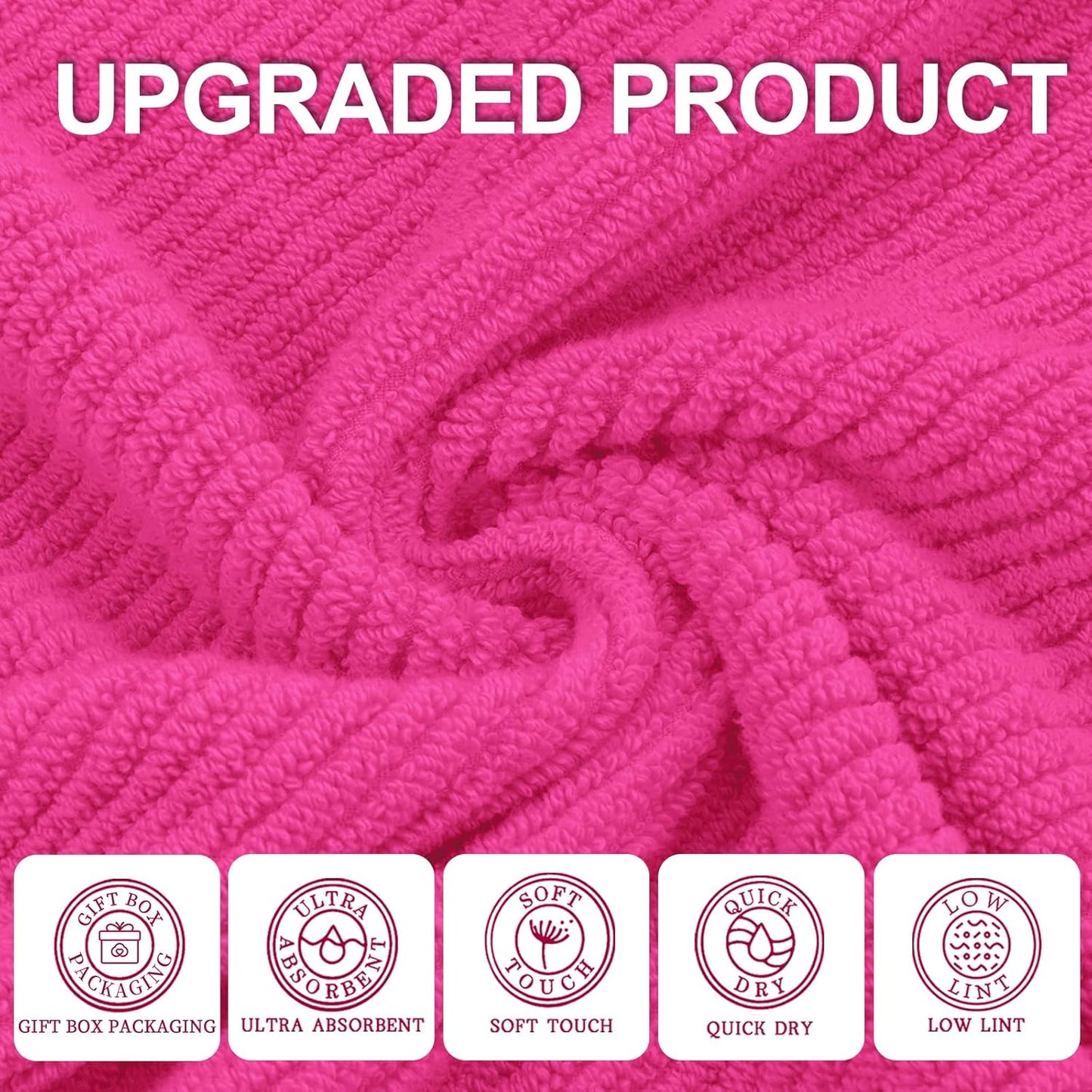 Hot Pink Towels - 100% Cotton, Soft, Quick Dry, Lightweight, Towel Set of 6, 2 Large Bath 30"x56", 2 Thick Hand 18"x28", 2 Absorb Washcloths 13"x13", Pink Bath Towel with Hanging Loop, Luxury Gift Set