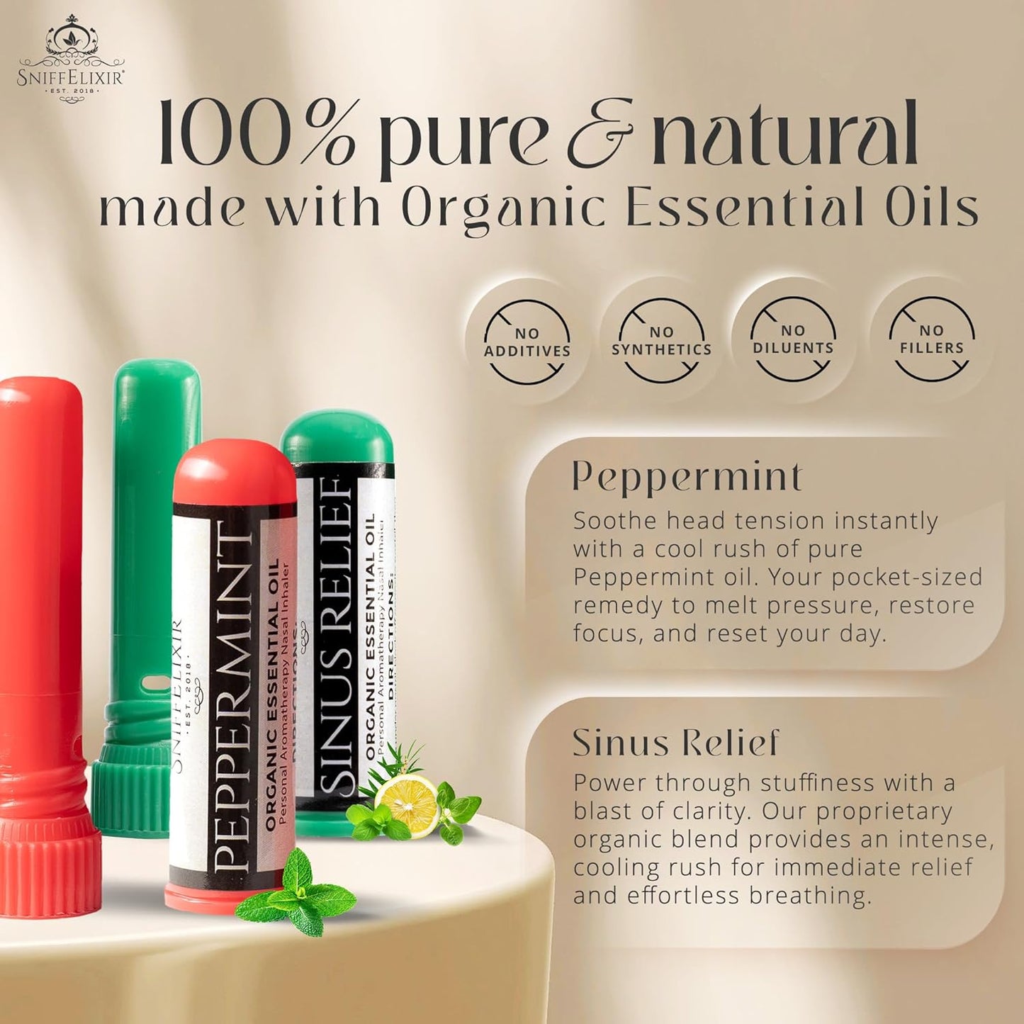 2 Pack Peppermint Inhaler Plus Sinus Nasal Inhaler – Aromatherapy Sticks for Sinus Pressure, Nausea Inhaler, Migraine Stick & Motion Sickness – Portable Essential Oil Inhalers for Adults