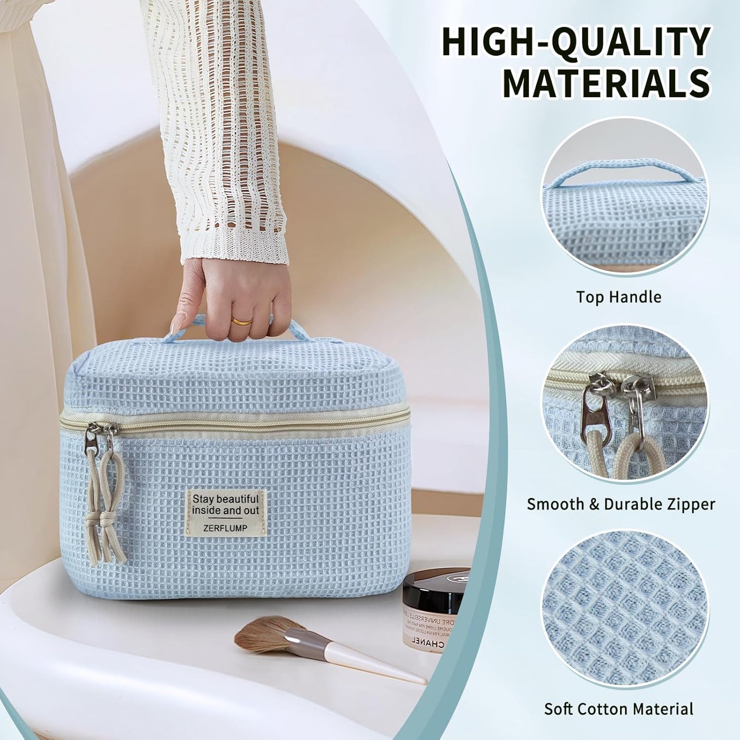 Cute Quilted Floral Makeup Bag(3Pcs)，Coquette Aesthetic Cosmetic Bag，Travel Toiletry Bags， Kawaii Aesthetic pouch for Women (92 - Blue)