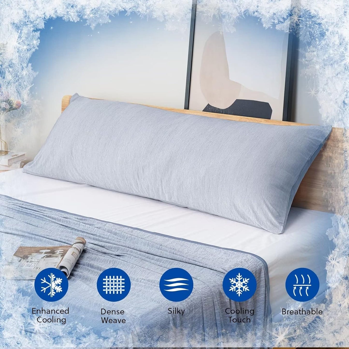 HOMFINE Cooling Pillowcase Body Size - Double Side Q-Max 0.439 Cooling Fiber for Pillow Protector, Breathable Long Cold Pillow Cover for Hot Sleeper Night Sweat, Hidden Zipper, 1 Pack (20"x54", Blue)
