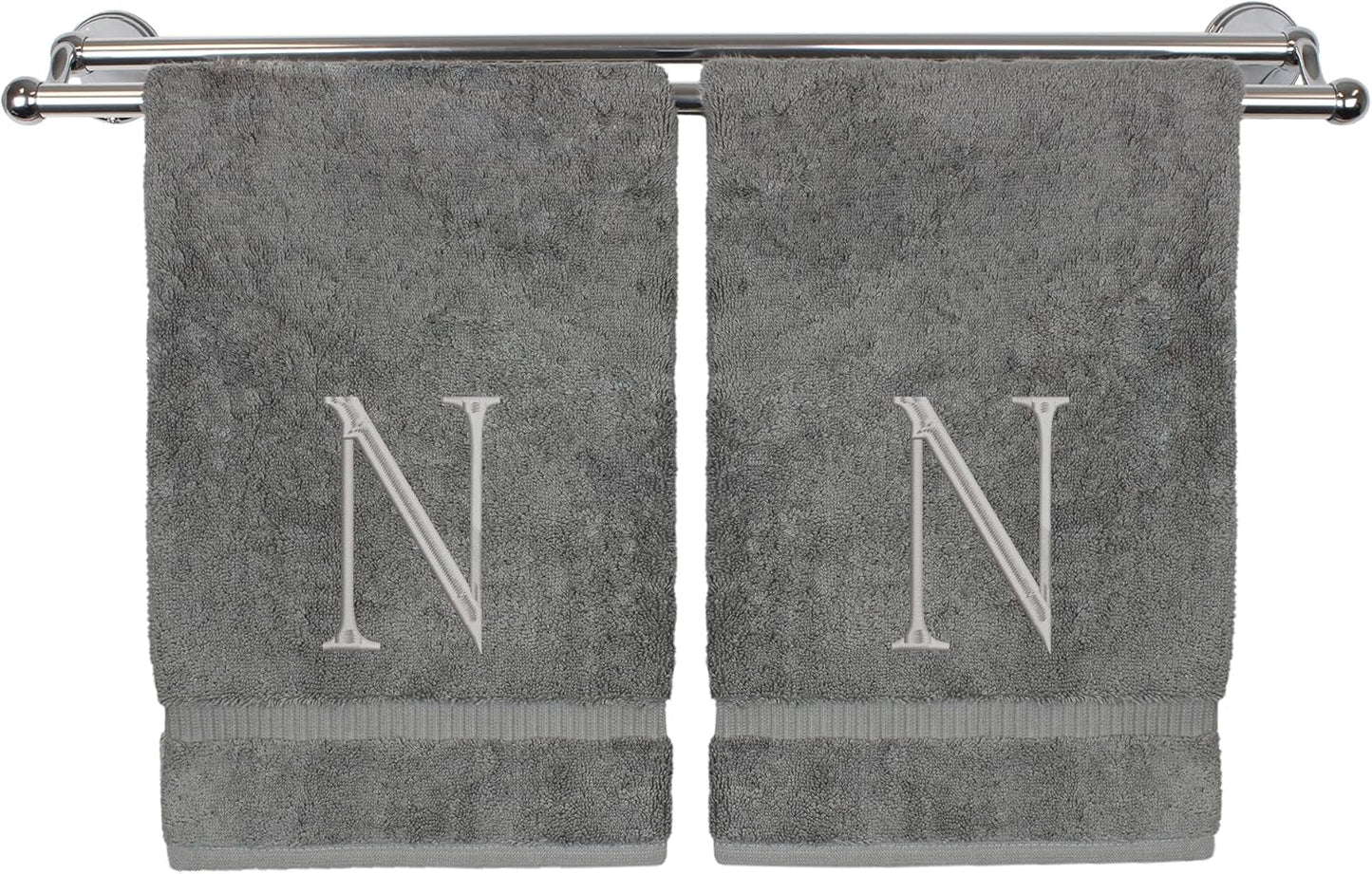 Monogrammed Hand Towel, Personalized Initial Gift, Extra Absorbent 100% Turkish Cotton - Soft Terry Finish - Set of 2 - Silver Block Initial N - Embroidered on Grey Towels