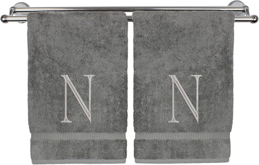 Monogrammed Hand Towel, Personalized Initial Gift, Extra Absorbent 100% Turkish Cotton - Soft Terry Finish - Set of 2 - Silver Block Initial N - Embroidered on Grey Towels