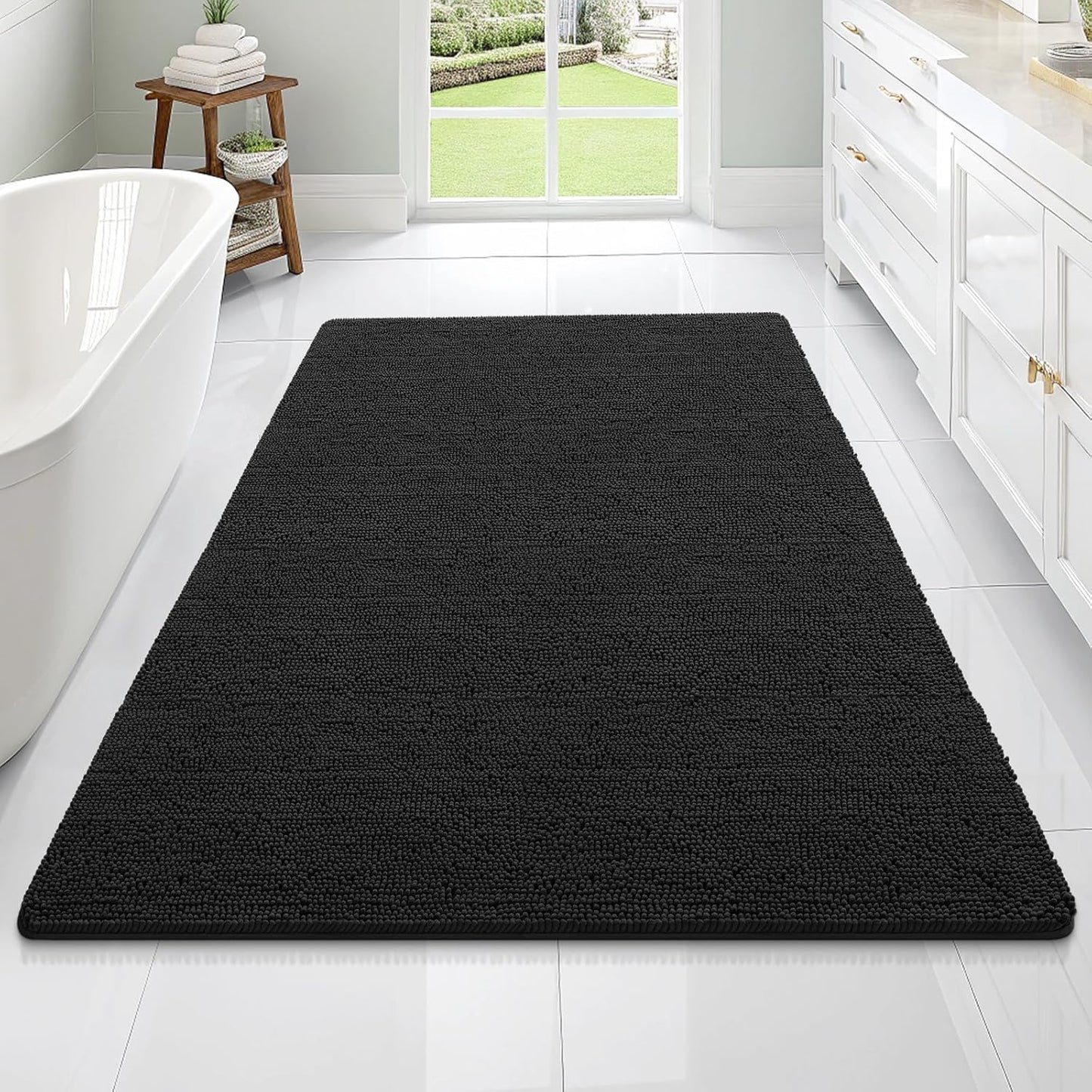 OLANLY Bathroom Rugs 70x46, Extra Soft Absorbent Chenille Bath Rugs, Rubber Backing Quick Dry, Machine Washable Bath Mats for Bathroom Floor, Tub and Shower, Home Decor Accessories, Black