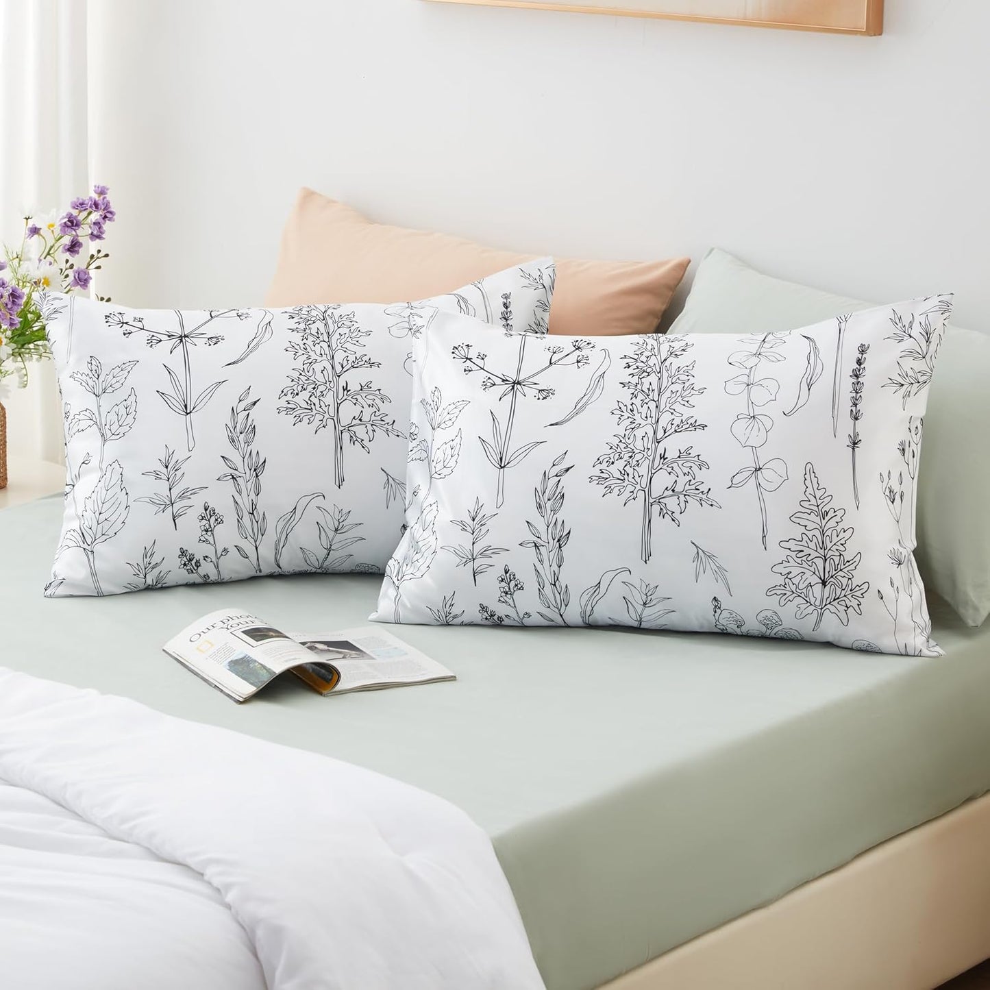 EXQ Home Silky Satin Pillowcase for Hair and Skin,Pillow Cases Standard Size Set of 2 Satin Pillow Case 2 Pack with Envelope Closure Flowers with White Background