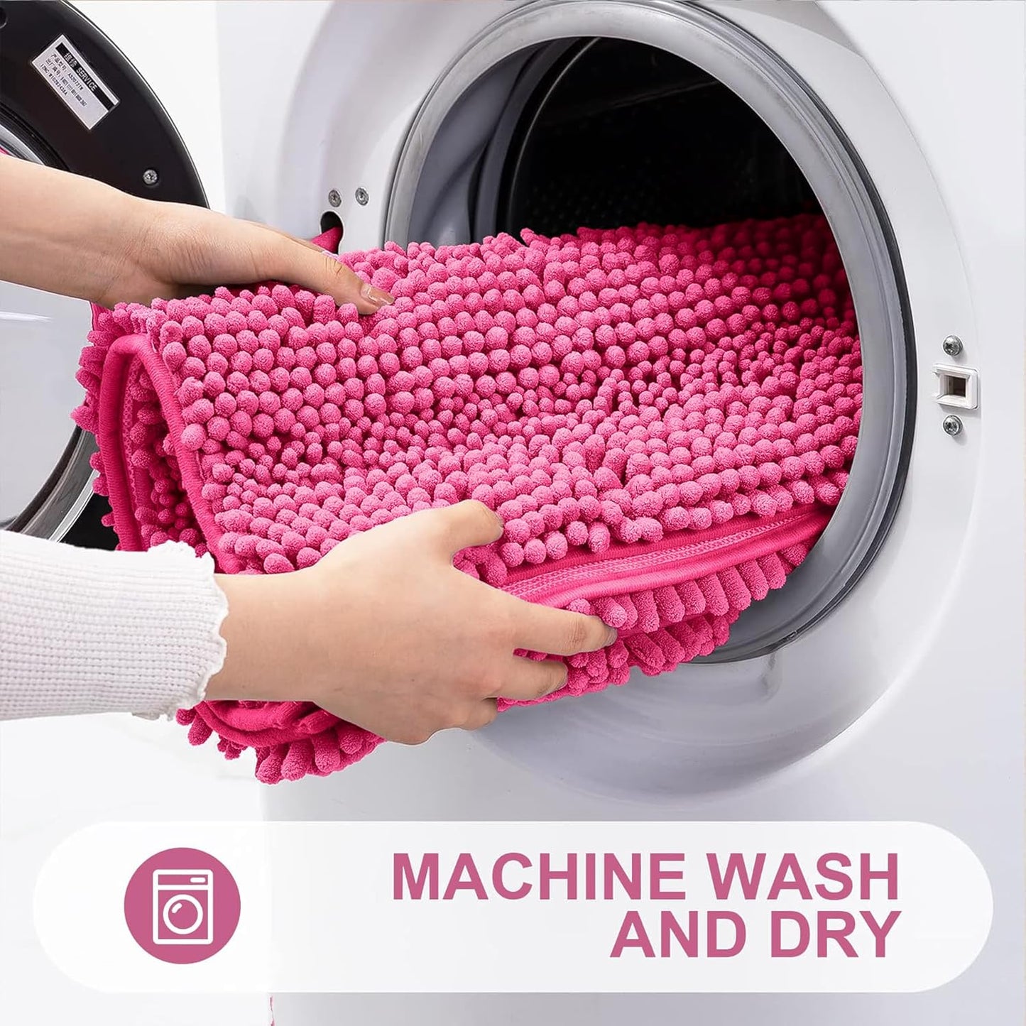 Grandaily Chenille Striped Bathroom Rugs 30x20, Extra Thick and Absorbent Bath Mats, Non-Slip Soft Plush Shaggy Shower Carpet, Machine Wash Dry, Bath Rug for Bathroom, (Medium, Hot Pink)