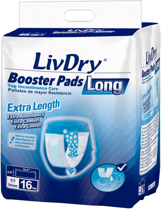 LivDry Incontinence Booster Pads, Use with Adult Diapers for Women and Men, Extra Comfort Softness, Disposable Pad (16 Count, Long Length)