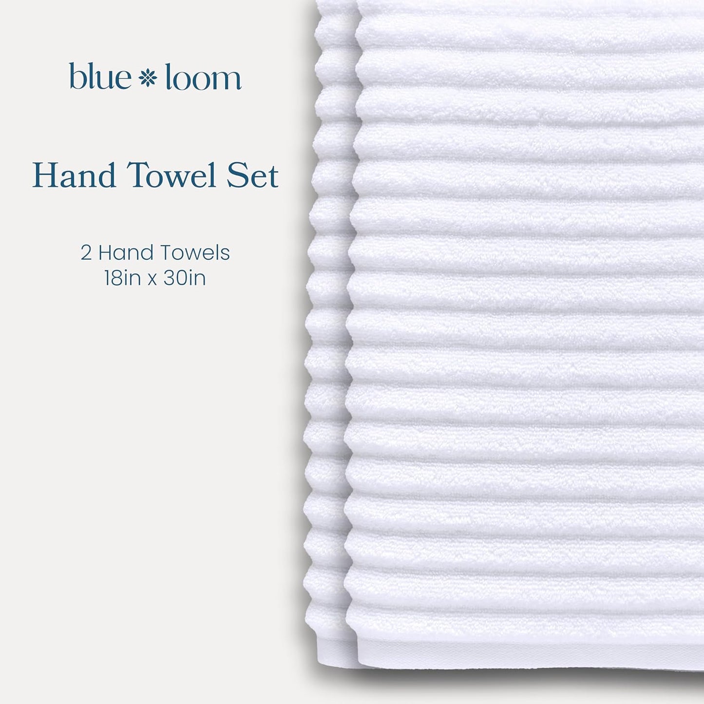 Blue Loom Ribbed Hand 2 Towels Set, 100% Cotton 600GSM, Soft Absorbent Durable Quick Drying for Bathroom - Mason 2 Piece 18" x 30" - White
