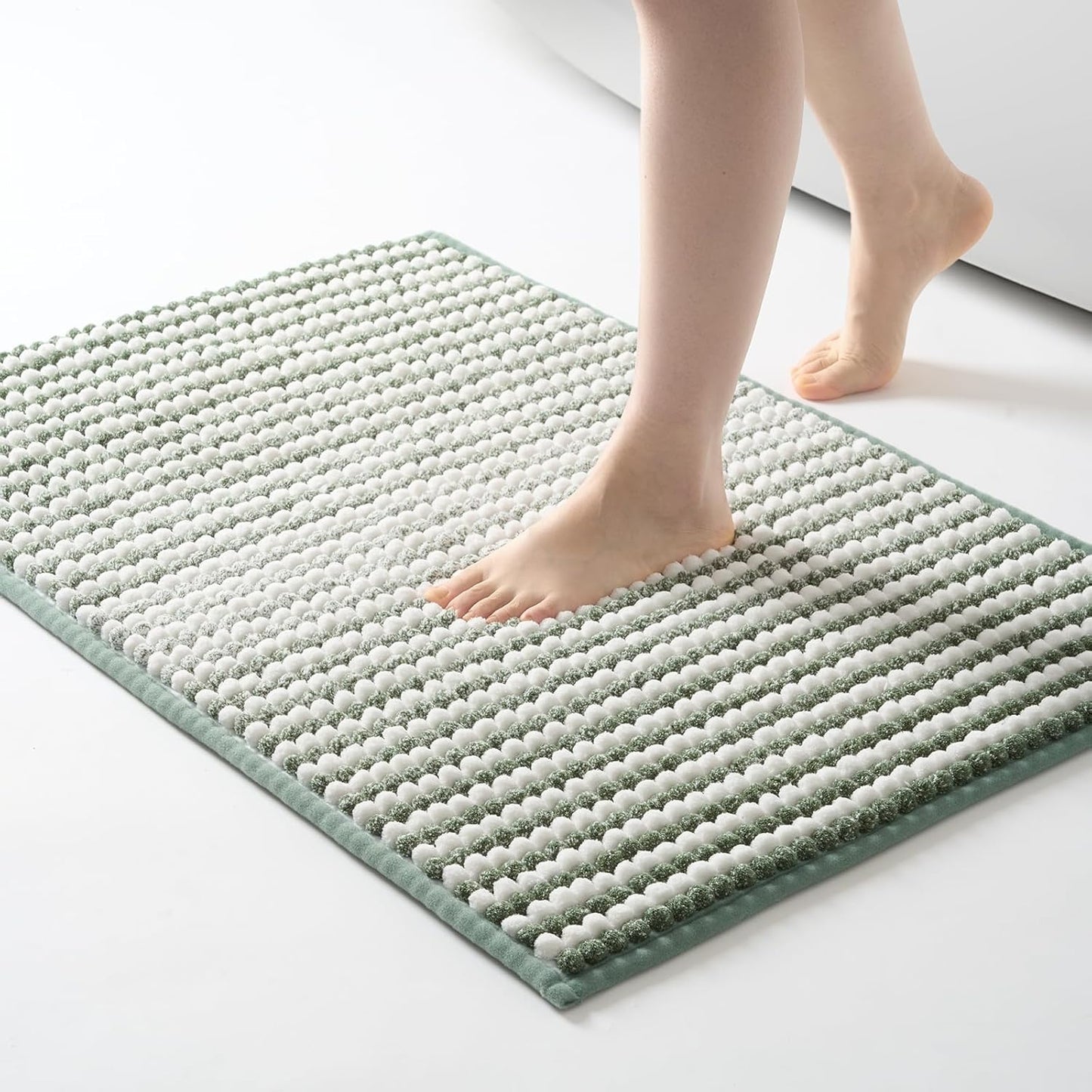 FRESHMINT Chunky Ombre Chenille Bathroom Rug 24"x36", Large Water Absorbent Soft Bath Rugs for Bathroom Floor, Thick Non Slip Bath Mat Washable Quick Dry Shower Mats, Sage Green and White