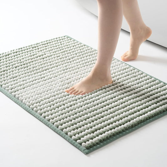 FRESHMINT Chunky Ombre Chenille Bathroom Rug 24"x36", Large Water Absorbent Soft Bath Rugs for Bathroom Floor, Thick Non Slip Bath Mat Washable Quick Dry Shower Mats, Sage Green and White